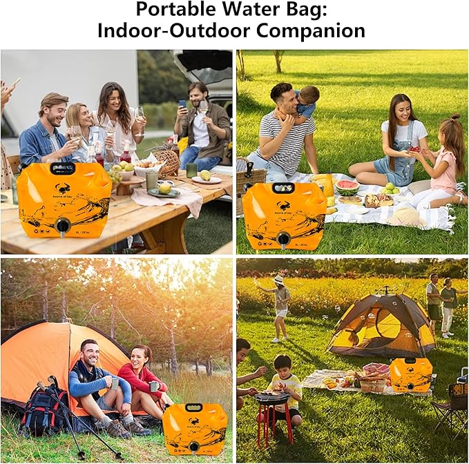 Collapsible 8L Water Storage Bag, BPA-Free Portable Folding Water Jug with Adjustable Faucet, Leakproof Emergency Water Bag for Camping, Hiking, Riding, Outdoor Sport (1, Orange)