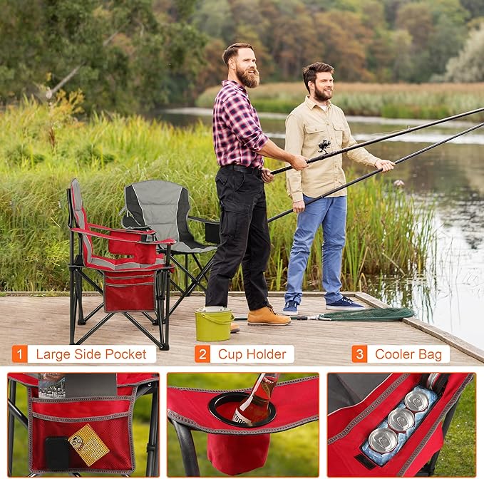 2 Pack Padded Oversized Camping Chairs for Adults,Heavy Duty Support 400 Lbs,Folding Portable Lawn Chair w/Cup Holder,Cooler Bag,Side Pocket,Perfect for Outdoor Picnic,Hiking(Red&Black)
