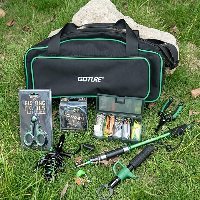 Goture Fishing Rod and Reel Combo - Green Telescoping Fishing Pole Portable Travel Kit with Carrier Bag for Freshwater Saltwater