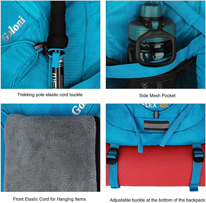 45L Hiking Backpack with Rain Cover, Lightweight Foldable Camping Backpack for Trekking, Water-Resistant Daypack with Hiking Pole & Mat Carrying System,Blue