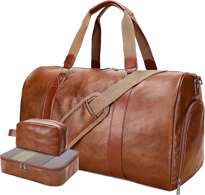 3-in-1 Leather Duffle Bag for Travel with Toiletry Bag and Shoe Compartment, Weekender Overnight Gym Bag for Men Women, Carry On Bag Fits 21 Inch Laptop
