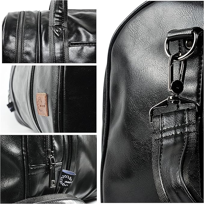 Leather Travel Bag with Shoe Pouch, Waterproof Weekender Overnight Bag, Carry On Duffel Bag for Men Women-Black