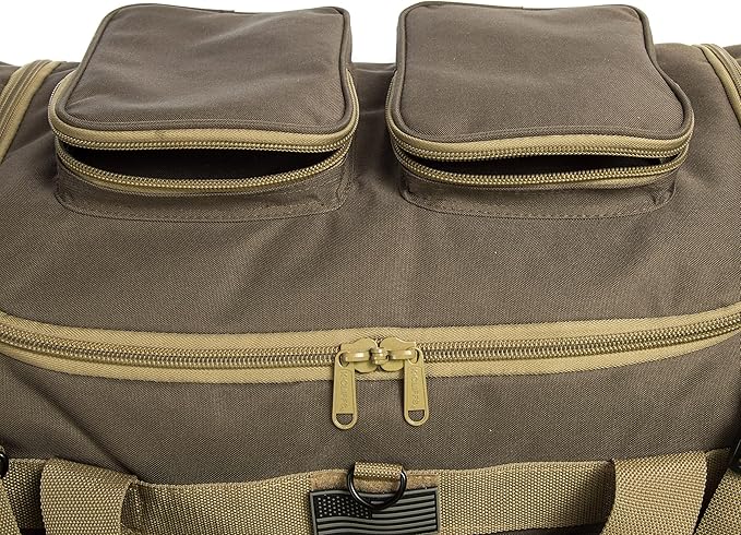 K-Cliffs Tactical Range Duffel Heavy Duty Large Gear Duffle Durable Quality Travel Sports Gym Equipment Bag Military Molle with Lockable Zippers with US Flag Patch 33 Inch Khaki