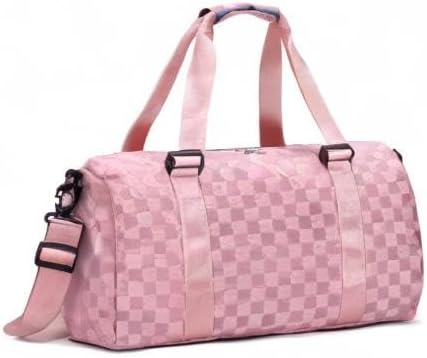 Weekender Duffel Sport Gym Bag Overnight Travel duffle Bags with Shoe Compartment Wet Pocket Tartan-Pink