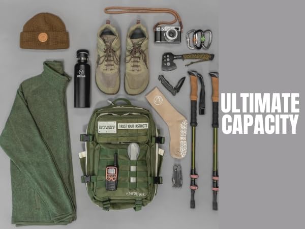 WOLFpak 35L Athletic Gym Backpack - Durable 1000D Waterproof Oxford Material with MOLLE Webbing, Laptop Pocket & Dual Cup Holders, Durable Fitness/Travel/Military Daypack (OD Green)