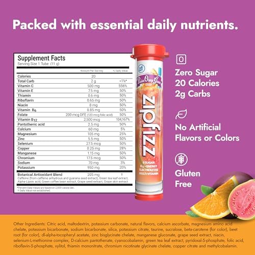 Zipfizz Daily Energy Drink Powder, Passion Orange Guava, 20 Pack | 3-in-1 Sustained Energy, Rapid Hydration, and Essential Vitamins | Sugar-Free | Electrolyte Powder | Contains Vitamin B-12 & Antioxidants