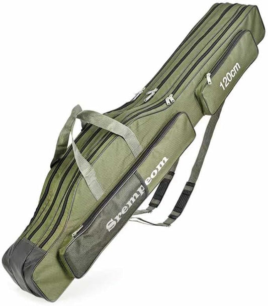 3 Layers Fishing Pole Bag,Portable 3 Layers Oxford Folding Rod Carry Case,Fishing Reel Tackle Storage Bag Case