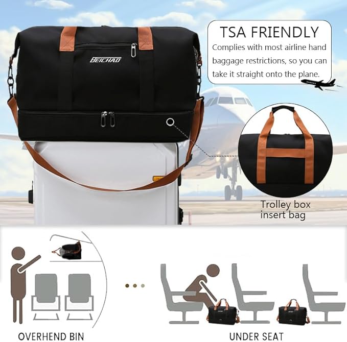 Canvas Weekender Bag for Men & Women – Large Travel Duffel with Shoe Compartment – Vintage Khaki Overnight Carry-On Luggage Tote with Leather Trim (Khaki)