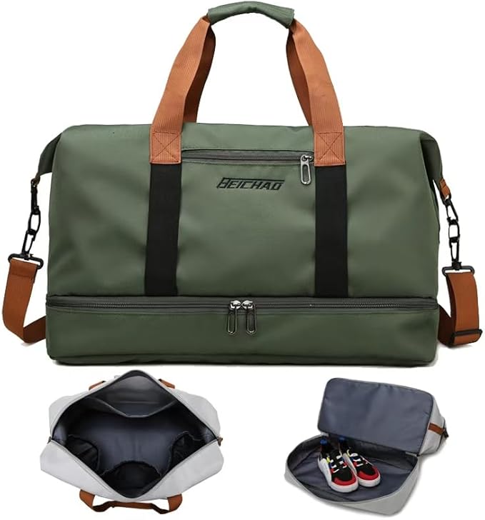 Canvas Weekender Bag for Men & Women – Large Travel Duffel with Shoe Compartment – Army Green Vintage Leather Trim Overnight Carry-On Luggage Tote (Green)