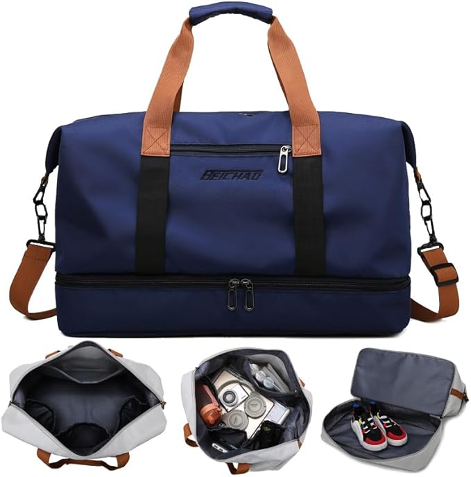 Canvas Weekender Bag for Men & Women – Large Travel Duffel with Shoe Compartment – Vintage Khaki Overnight Carry-On Luggage Tote with Leather Trim (Khaki)