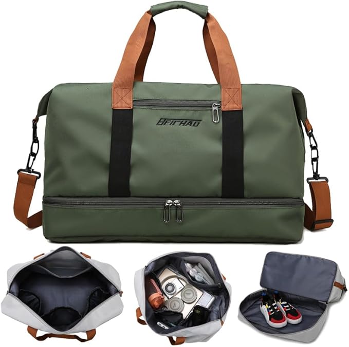 Canvas Weekender Bag for Men & Women – Large Travel Duffel with Shoe Compartment – Vintage Khaki Overnight Carry-On Luggage Tote with Leather Trim (Khaki)