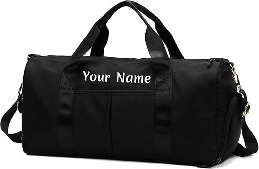 Personalized Duffel Bag, Custom Name Embroidered Gym Bag, Sports Bag with Wet and Dry Pocket & Shoe Compartment, Overnight Excursion Bag, Weekend Travel Bag, Dance & Yoga Bag (Black)