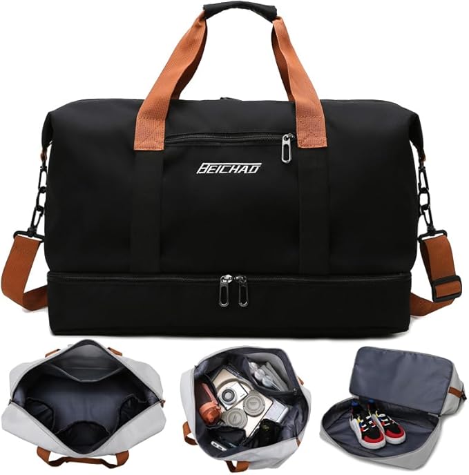 Canvas Weekender Bag for Men & Women – Large Travel Duffel with Shoe Compartment – Vintage Khaki Overnight Carry-On Luggage Tote with Leather Trim (Khaki)