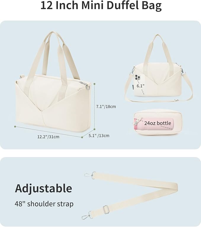 Ceneda Small Gym Bag for Women, 12 inch Mini Gym Bag with Wet Pocket, Lightweight Tote for Gym, Sport, Workout - White