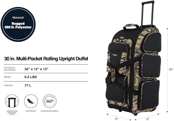 Travelers Club Xpedition 30 Inch Multi-Pocket Upright Rolling Duffel Bag