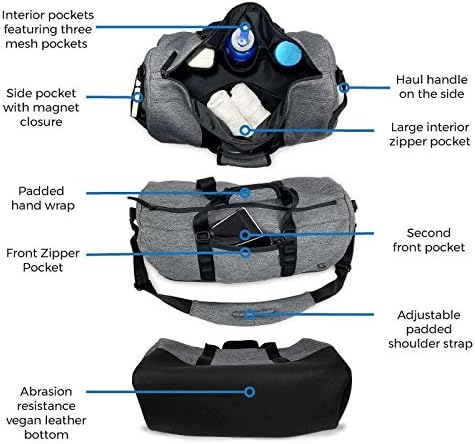 Smassy Durable Neoprene Gym Bag with Vegan Leather Bottom - Large Sports Duffel with Adjustable Shoulder Strap and Multiple Pockets