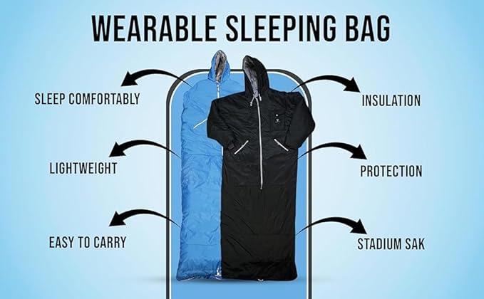 Thermotuff Wearable Sleeping Bag with Dual Hoodie, Long Sleeves, Pockets & Adjustable Drawstring - Ideal for Camping, Cold Weather Hiking, and Stadium Sak Blanket