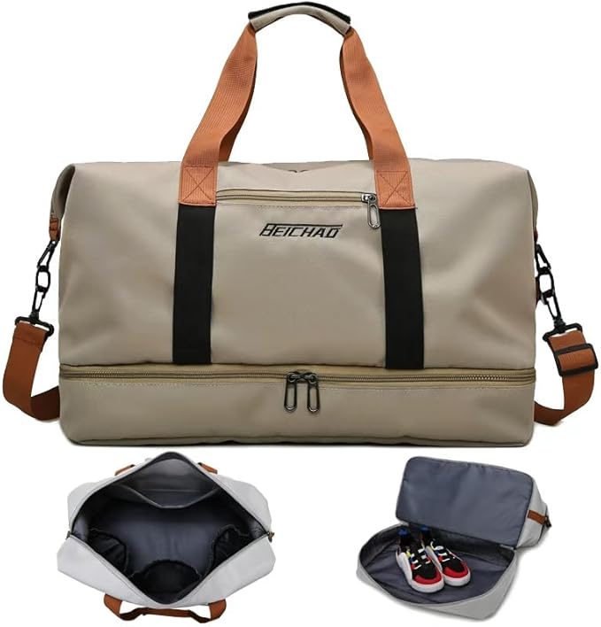 Canvas Weekender Bag for Men & Women – Large Travel Duffel with Shoe Compartment – Vintage Khaki Overnight Carry-On Luggage Tote with Leather Trim (Khaki)