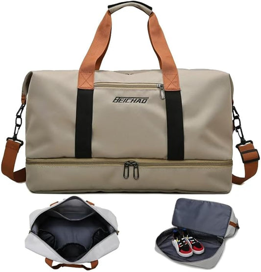 Canvas Weekender Bag for Men & Women – Large Travel Duffel with Shoe Compartment – Vintage Khaki Overnight Carry-On Luggage Tote with Leather Trim (Khaki)