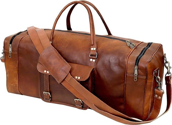 Leather Duffle Bag for Men Luggage Handmade Travel Bag Carry On Luggage Weekender Bags Overnight Gym Sports Cabin Holdall Bag For Airplanes Men And Women (21 Inch Brown)