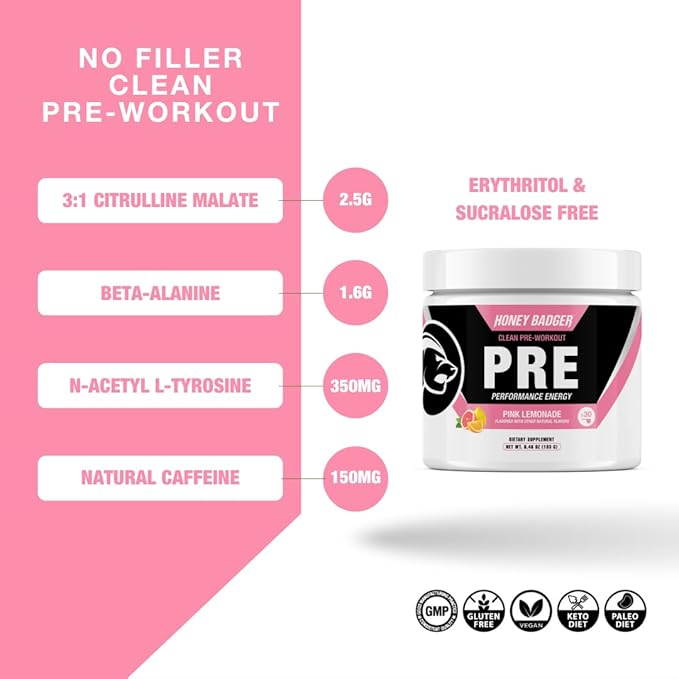 Honey Badger Pre Workout Powder, Keto Vegan Preworkout for Men & Women, Beta Alanine & Caffeine, Sugar Free Natural Energy Supplement, Pink Lemonade, 30 Servings