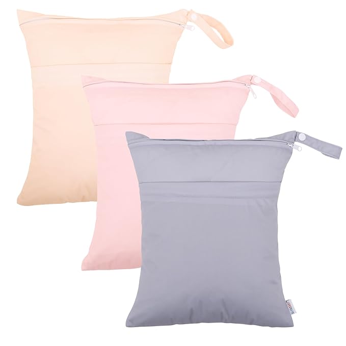ALVABABY 3pcs Cloth Diaper Wet Dry Bags Waterproof Reusable with Two Zippered Pockets Travel Beach Pool Daycare Soiled Baby Items Yoga Gym Bag for Swimsuits or Wet Clothes 3L-ZM10