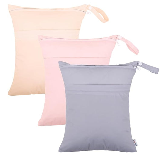 ALVABABY 3pcs Cloth Diaper Wet Dry Bags Waterproof Reusable with Two Zippered Pockets Travel Beach Pool Daycare Soiled Baby Items Yoga Gym Bag for Swimsuits or Wet Clothes 3L-ZM10