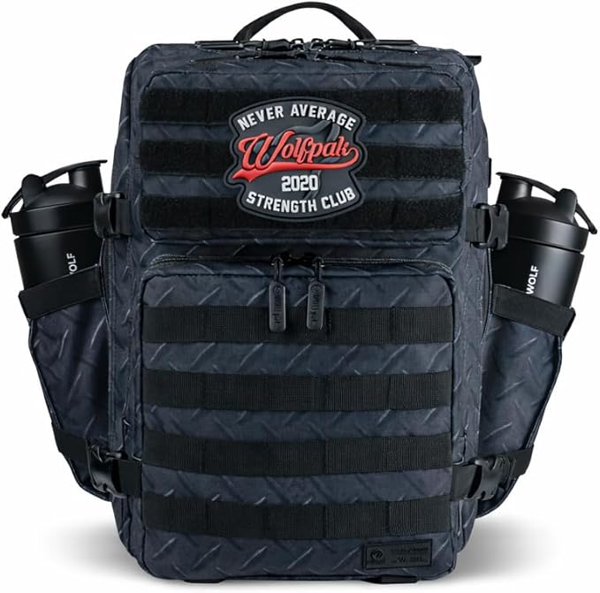 WOLFpak 35L Athletic Gym Backpack - Durable 1000D Waterproof Oxford Material with MOLLE Webbing, Laptop Pocket & Dual Cup Holders, Durable Fitness/Travel/Military Daypack (Strength Club)