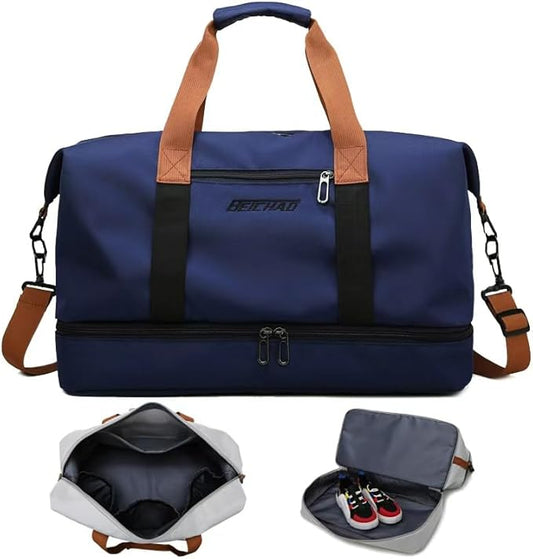 Beichao Travel Duffel Bag,Canvas with Brown Leather Straps, Large Capacity Weekender Bag with Shoe Compartment (Blue)