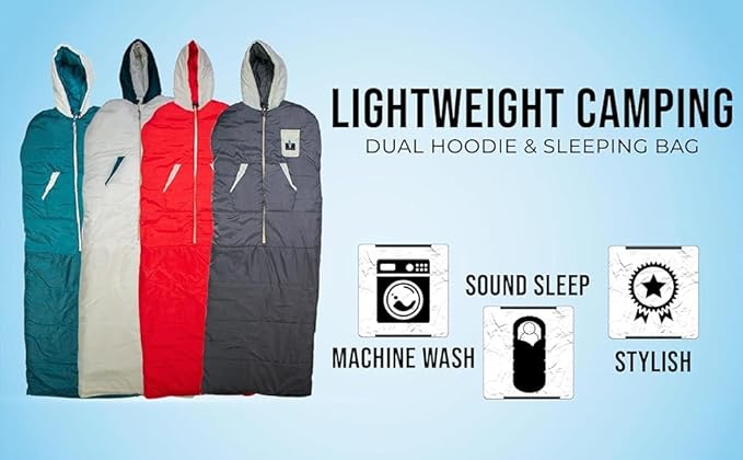 Thermotuff Wearable Sleeping Bag with Dual Hoodie, Long Sleeves, Pockets & Adjustable Drawstring - Ideal for Camping, Cold Weather Hiking, and Stadium Sak Blanket