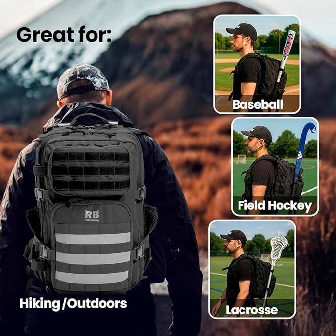 Xtreme 30L Tactical Backpack - Carry-On Travel and Gym Daypack with 16-inch Laptop Sleeve, Stick Holder, Double Bottle Pockets, Recycled-Fabric Shell, Reliable Zippers, Rain Cover (Black)