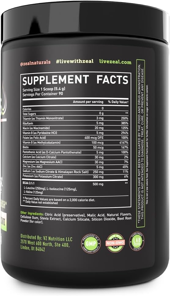 Zeal Electrolyte Powder - 90 Servings | Keto Electrolytes Powder | Zero Sugar, BCAAs, B-Vitamins | Potassium, Zinc, Magnesium | Hydration Powder Recovery Drink | Strawberry Kiwi