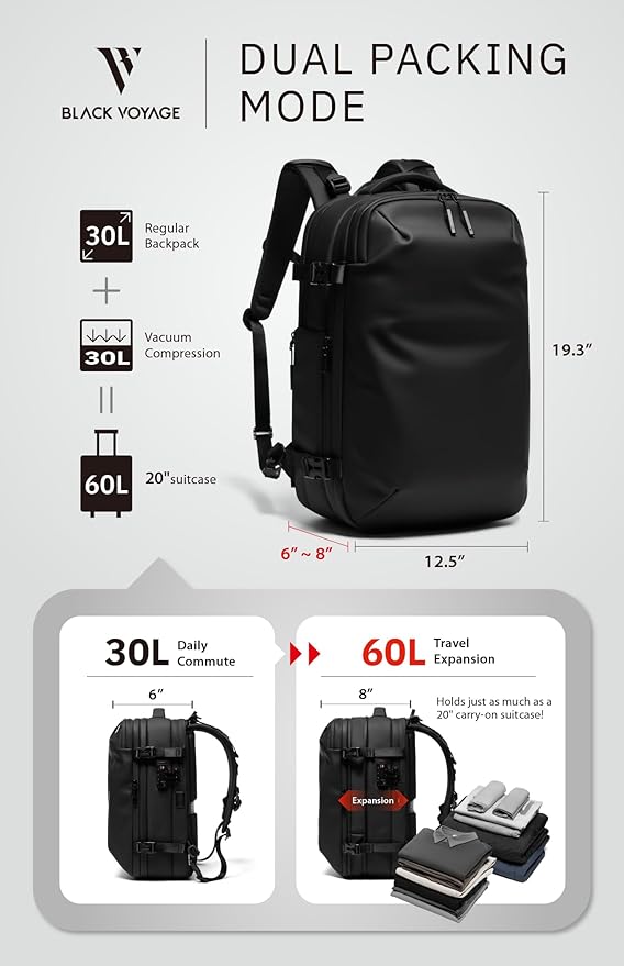 BlackVoyage Vortex Vacuum Seal Travel Backpack 60L Expandable Air Compression System Water Resistant TSA Lock Carry-On Suitcase Luggage Black Zephyr - Vacuum Pump Included