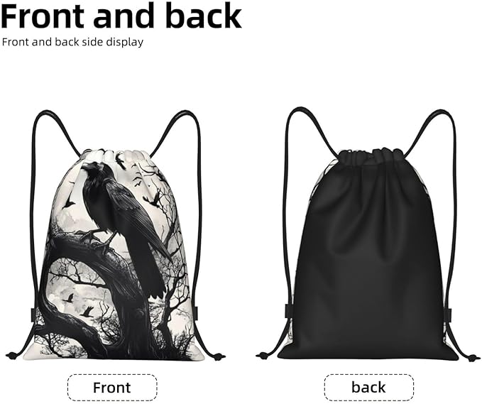 Black Crow Pattern Drawstring Backpack Bag - Sports Gym Sack For Women Men