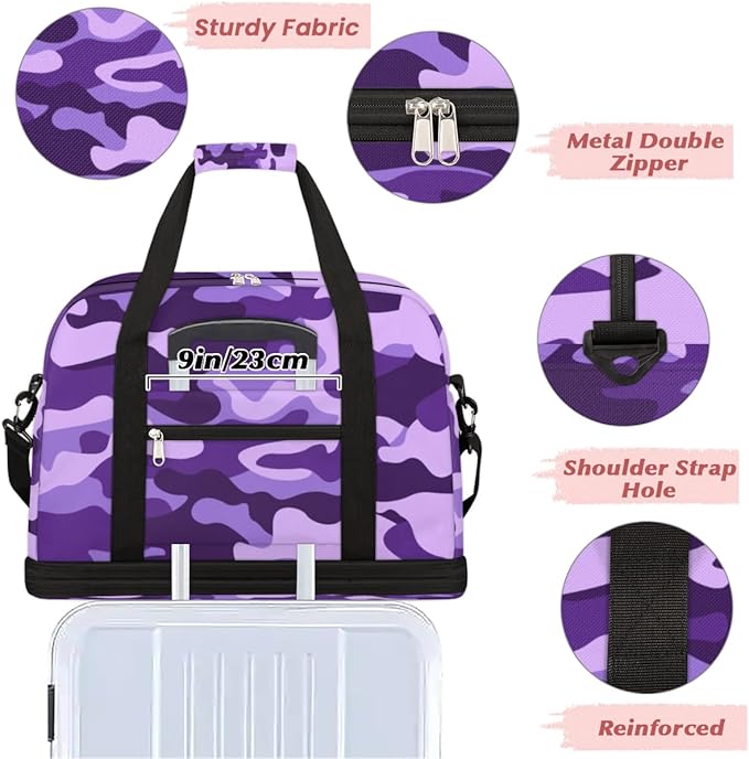 Travel Duffle Bags With Shoes Compartment for Women Men Purple Camouflage Camo Lightweigh Sports Tote Gym Bag Foldable Canvas Weekender Overnight Carry On Luggage Handle Bag