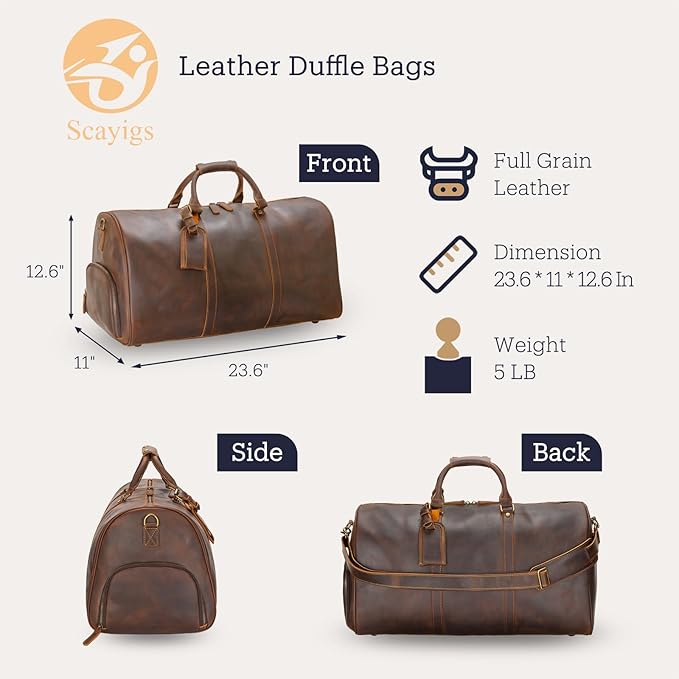 Leather Duffle Bags for Men with Shoe Compartment – 23.6" x 12.6" x 11" Travel Bag, Gym Bag, Also Suitable for Crossbody or Shoulder Carry, Brown Large Size