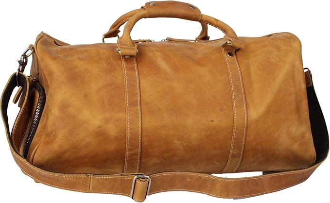 Vintage Crazy Horse Leather Travel Duffel Bag with Shoe Compartment Multi-Carry Duffle +Brass Anti-Scratch Feet/Business/Casual/Travel(5096-Yellow)