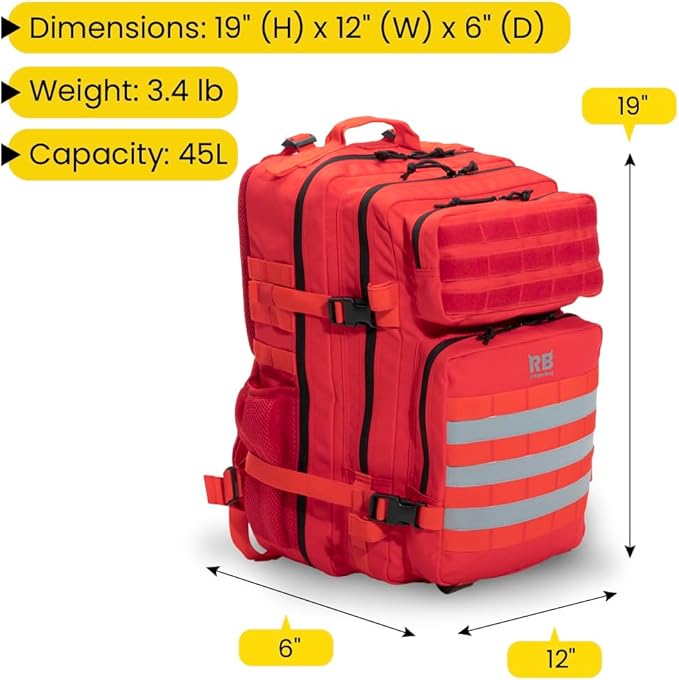 Xtreme 45L Tactical Backpack - Large Travel and Gym Backpack with 16-inch Laptop Sleeve, Stick Holder, Double Bottle Pockets, Recycled-Fabric Shell, Reliable Zippers, Rain Cover (Red)