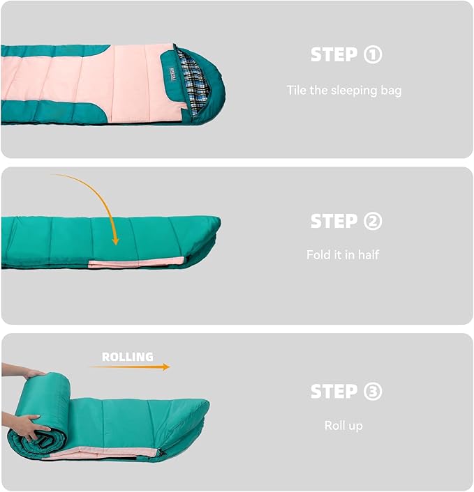 Cotton Flannel Lined Sleeping Bag for Adults Teens Kids, Cold Weather &Warm, 3 Seasons, Lightweight Compact Camping Essentials Equipment, Hiking, Outdoor, Travel