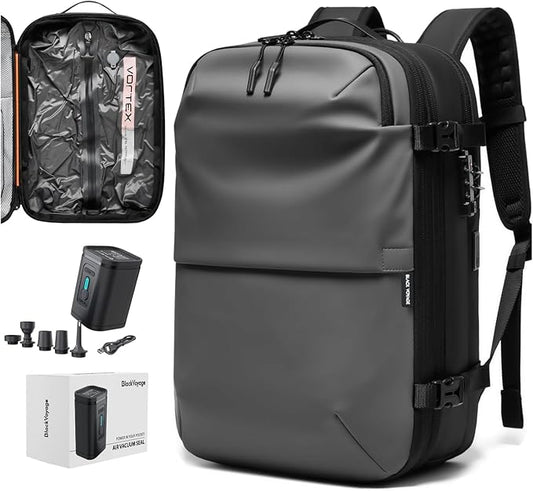 BlackVoyage Vortex Vacuum Seal Travel Backpack 60L Expandable Air Compression System Water Resistant TSA Lock Carry-On Suitcase Luggage Gray AERO - Vacuum Pump Included