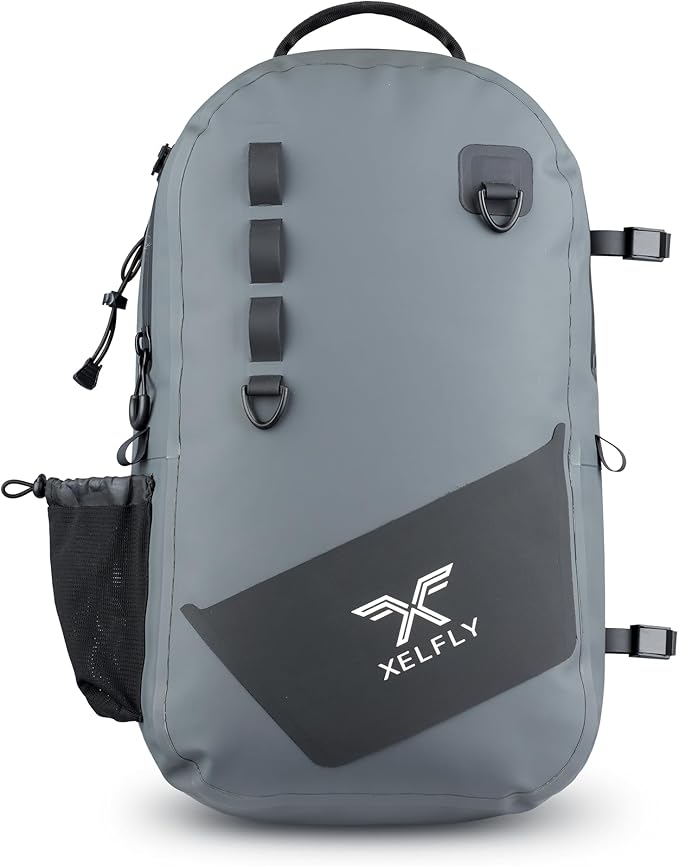 Xelfly - Waterproof Fishing Backpack with Rod Holder, Inflatable Air Valve, Padded Waist Straps & Gear Loops - Submersible Zipper, Rugged Top Handle, Adjustable Attachments (Gray)