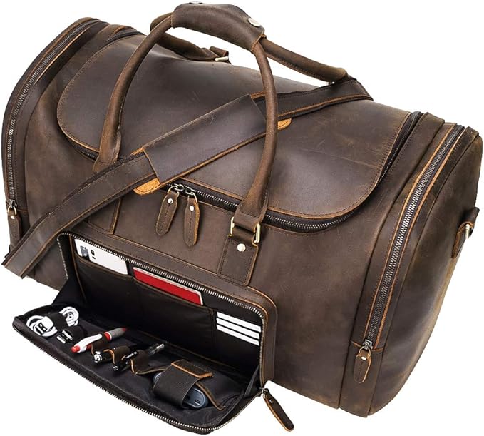 TIDING Full Grain Leather Travel Duffel Bag for Men, 23 Inch Vintage Weekender Overnight Gym Duffle Bag 52L Luggage Bag