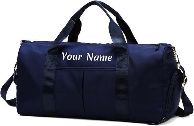 Personalized Duffel, Custom Name Embroidered Gym Bag With Wet and Dry Pocket & Shoe Compartment - Sports, Overnight Excursion, Weekend Travel, Dance & Yoga (Navy Blue)