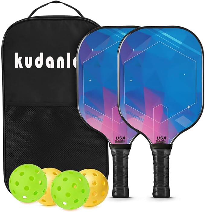 USAPA Approved Pickle Ball Rackets 2 Pack - Professional Hybrid Carbon-Glass Fiber, 16mm Honeycomb Core Complete Pickle Ball Set with Indoor/Outdoor Balls & Carry Bag, Unisex Design