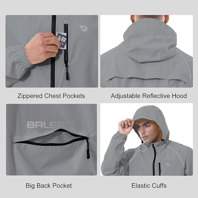 baleaf Men's Rain Jacket Waterproof Windbreaker Raincoat Running Cycling Hiking Gear Hood Lightweight Reflective Packable