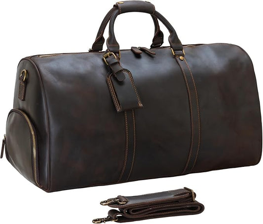 Leather Duffle Bags for Men with Shoe Compartment – 23.6" x 12.6" x 11" Travel Bag, Gym Bag, Also Suitable for Crossbody or Shoulder Carry, Dark Brown Large Size