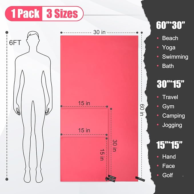 Quick Dry Travel Towel, 3 Sizes 1 Pack Camping Microfiber Towel, Lightweight Fast Drying Towels Set 60"x30", 30"x15", 15"x15" w/Bag for Gym, Beach, Hiking, Swimming, Red