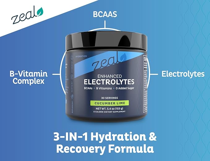 Zeal Electrolyte Powder - 30 Servings | Keto Electrolytes Powder | Zero Sugar, BCAAs, B-Vitamins | Potassium, Zinc, Magnesium | Hydration Powder Recovery Drink | Cucumber Lime