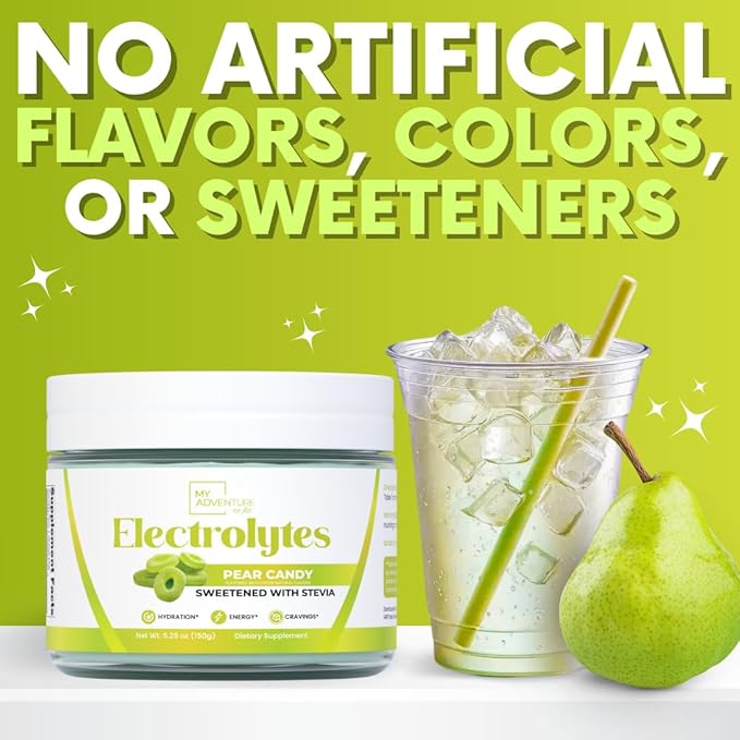 Zero Sugar - Pear Candy Electrolytes Powder - Extremely Refreshing Hydration - Caffeine Free Energy with All Natural Ingredients - Vegan, Keto, Paleo - Sugar Free Electrolytes Drink Mix - 30 Servings