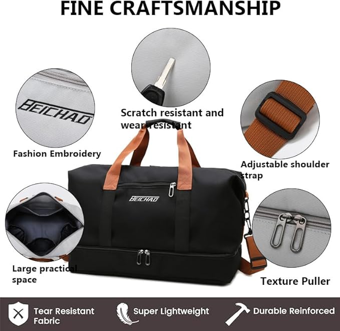 Canvas Weekender Bag for Men & Women – Large Travel Duffel with Shoe Compartment – Vintage Leather Trim Overnight Carry-On Luggage Tote for Gym, Business & Getaways (Black)